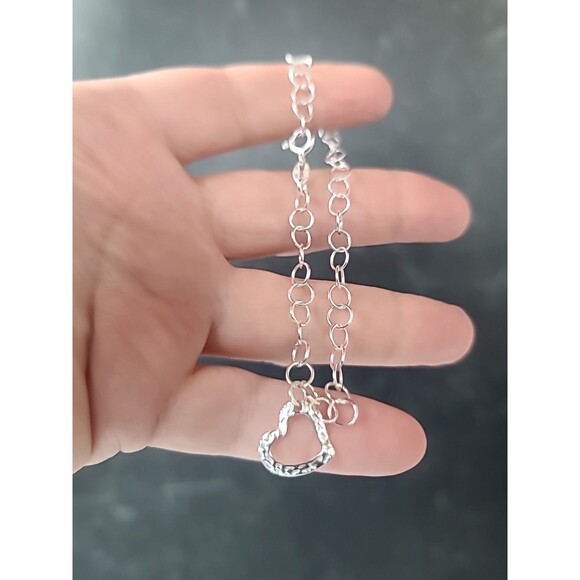 Italian 925 Sterling Hammered Silver Open Heart Charm Chain Bracelet Vintage - Picture 2 of 10